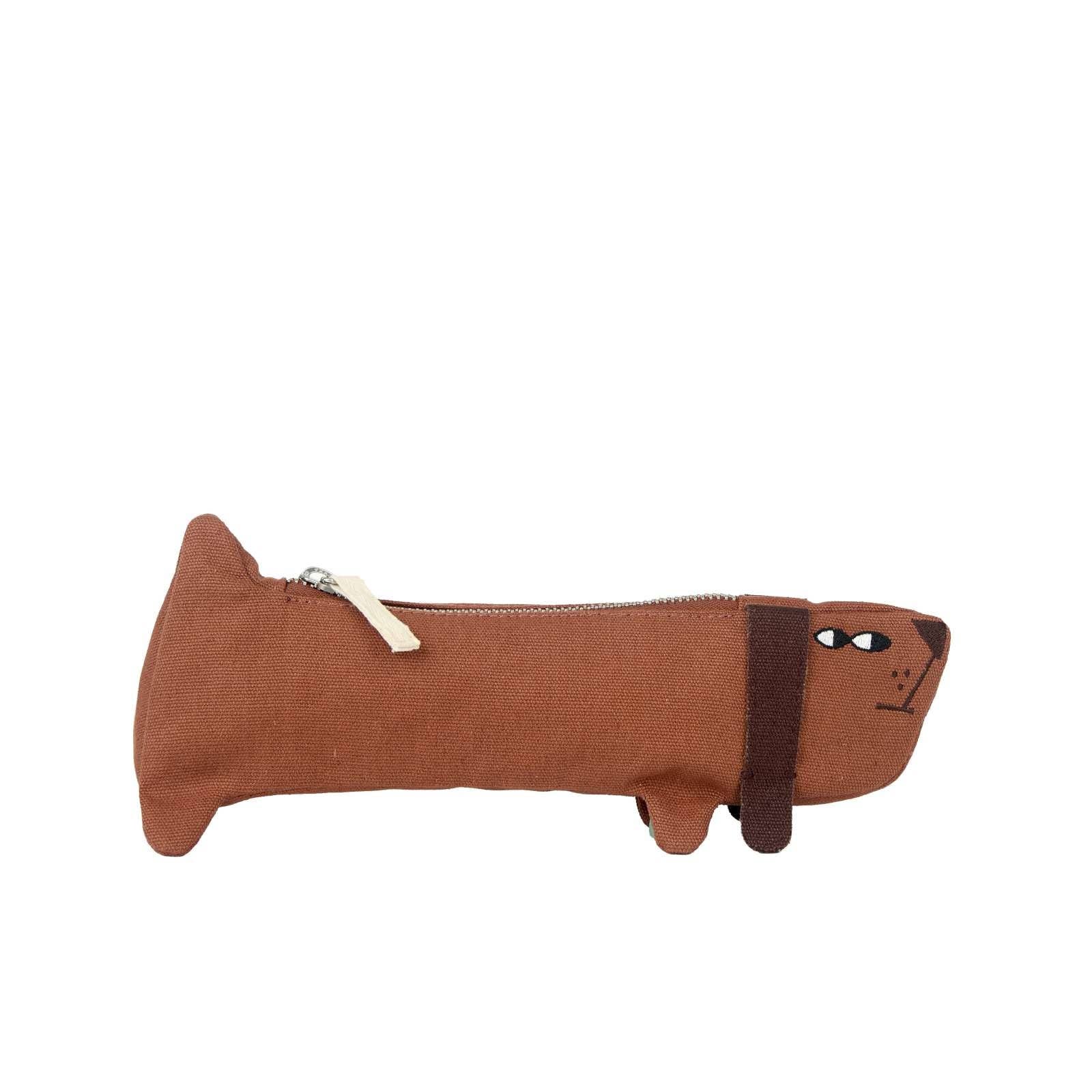 Brown dog-shaped pencil case on a white background