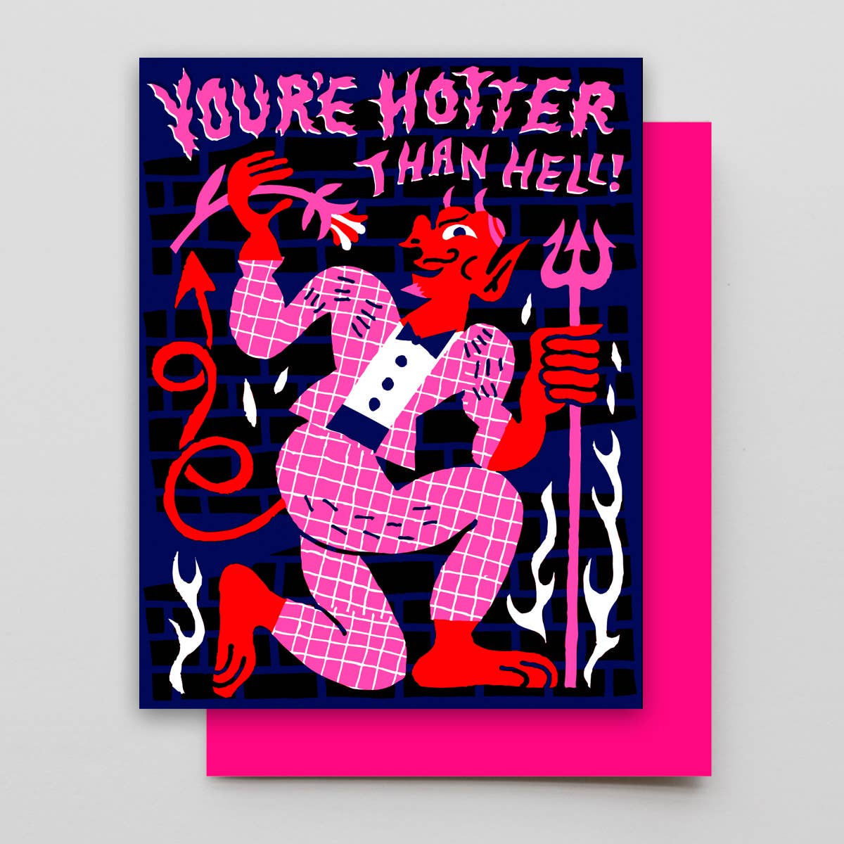 Card with a devil illustration and text 'You're Hotter Than Hell!' on a pink and blue background.