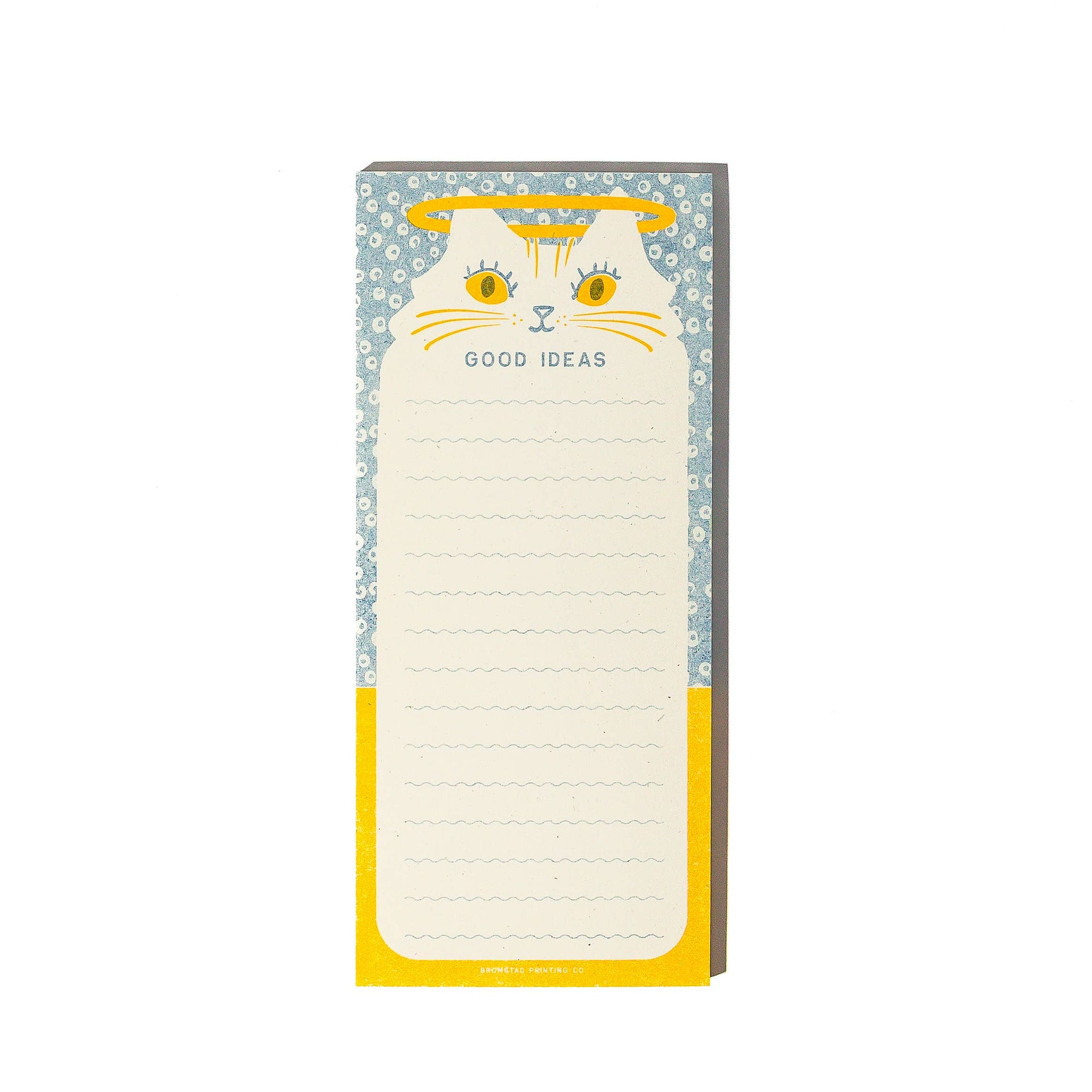 Notepad with a cat illustration and 'Good Ideas' text on a white background