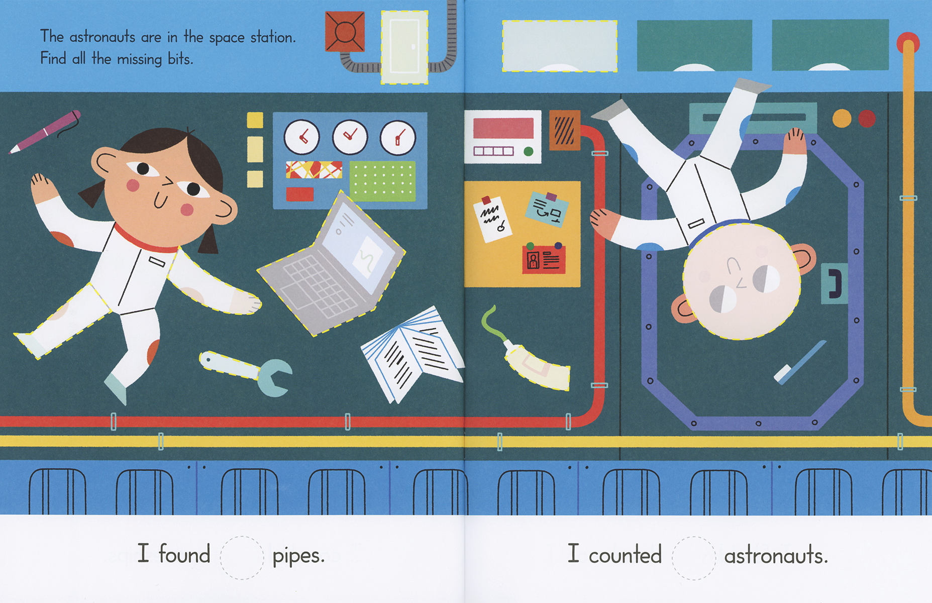 Illustration of astronauts in a space station with text and objects.