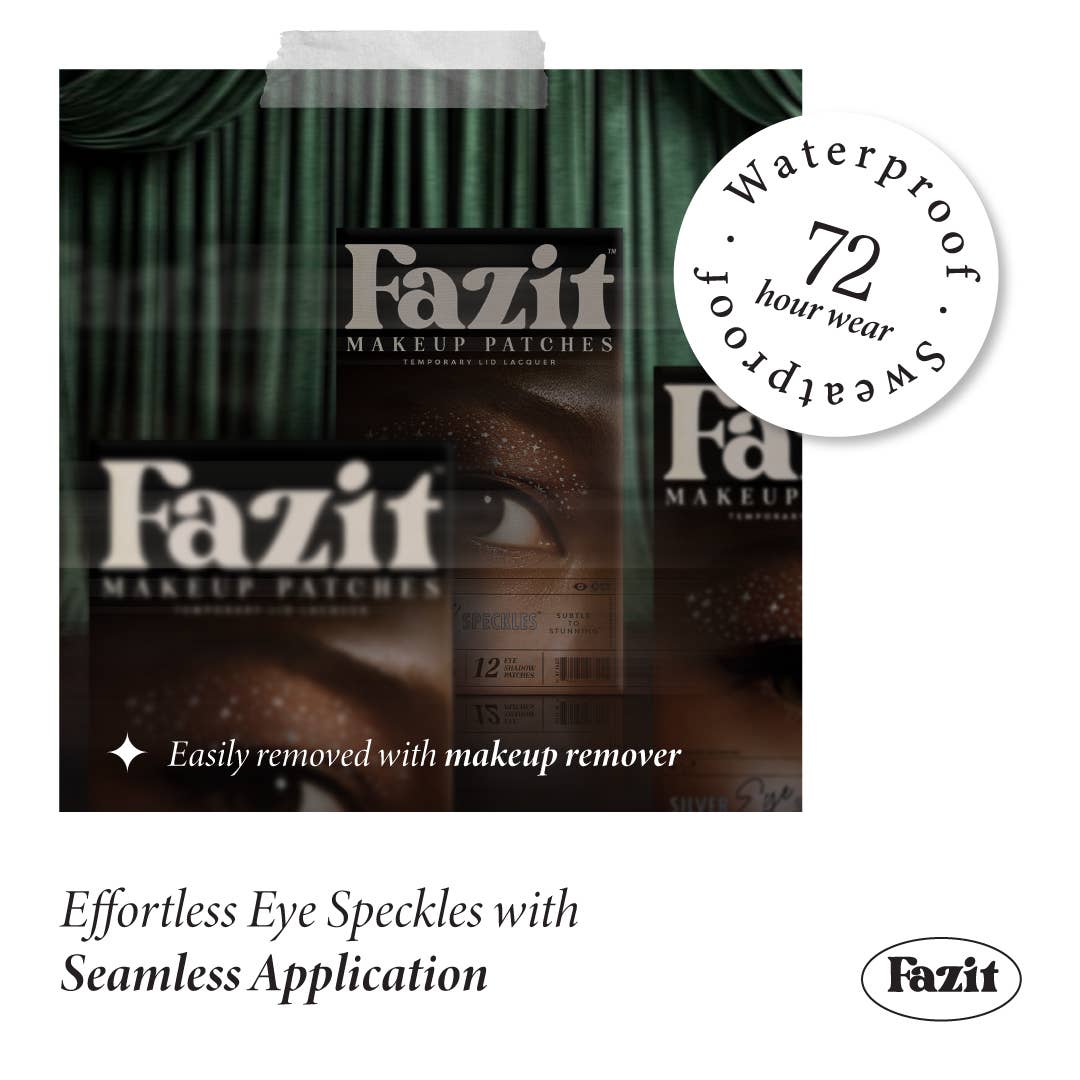 Fazit makeup patches packaging with text about waterproof and sweatproof properties.