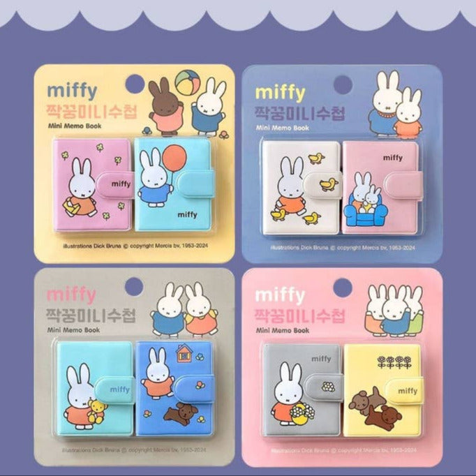 Set of four miffy mini memo books on a purple background with '#INFORMATION' text.