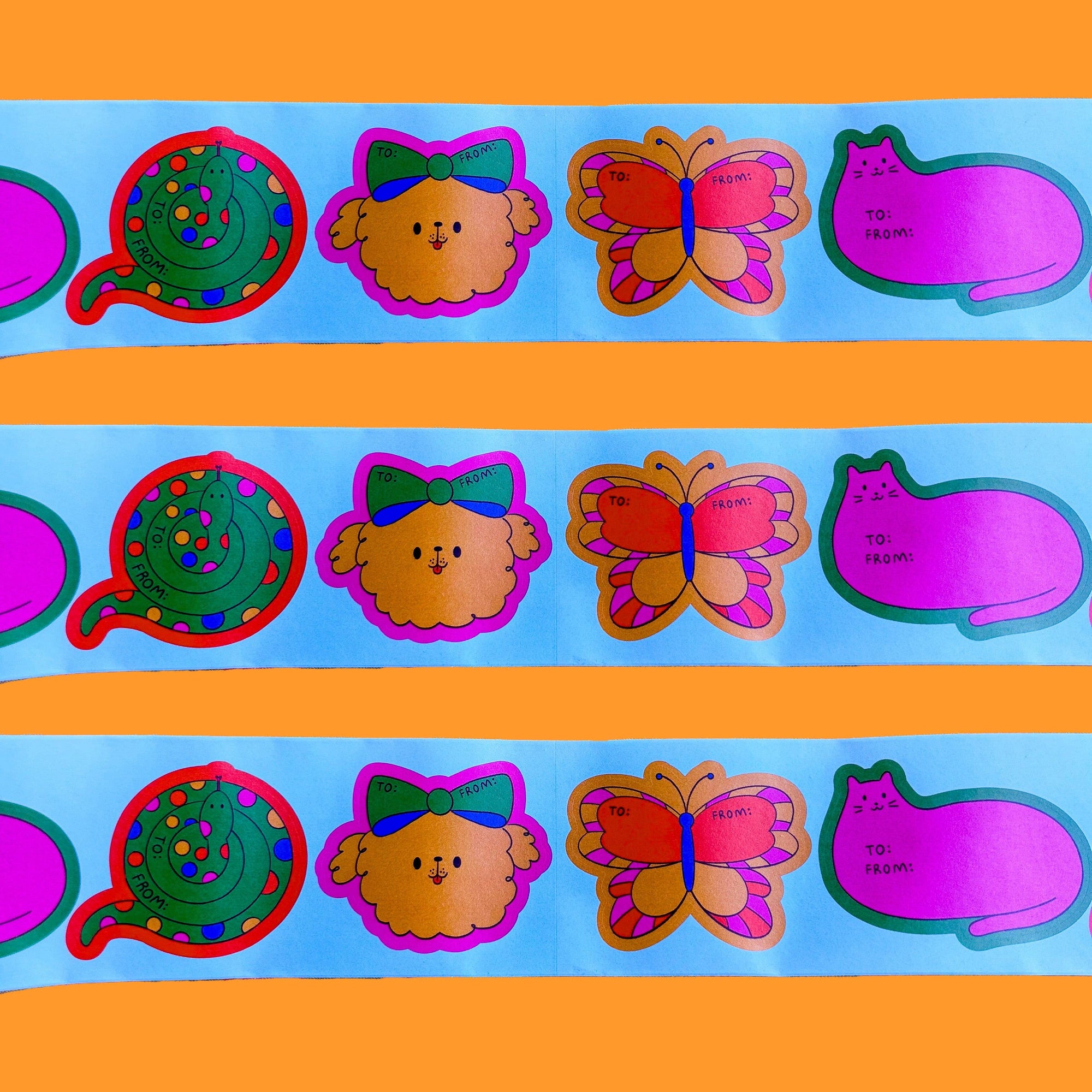 Colorful animal-shaped stickers on a blue and orange background