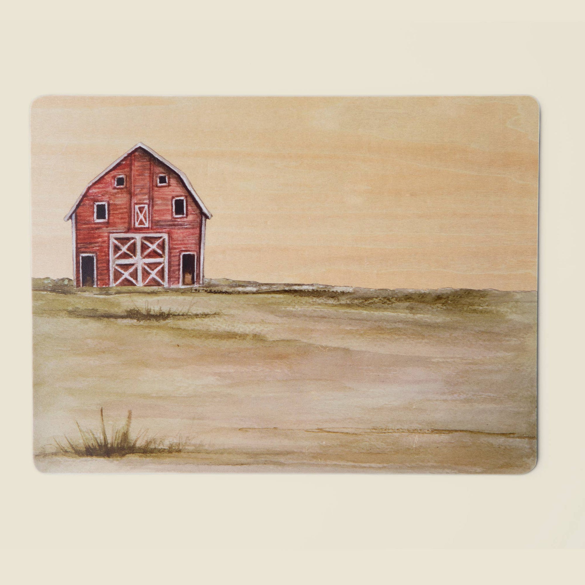 Painting of a red barn in a field with a beige sky