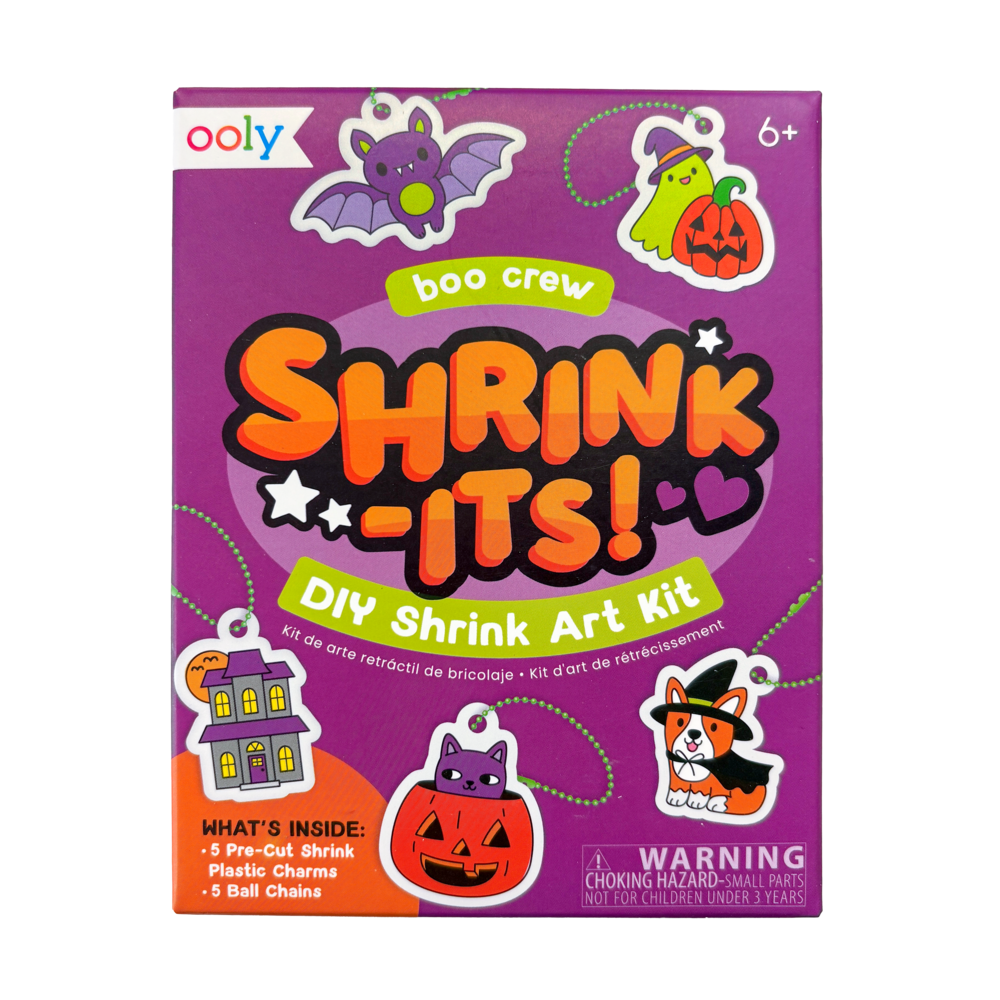 Shrink-Its DIY Shrink Art Kit packaging with Halloween-themed designs on a purple background.