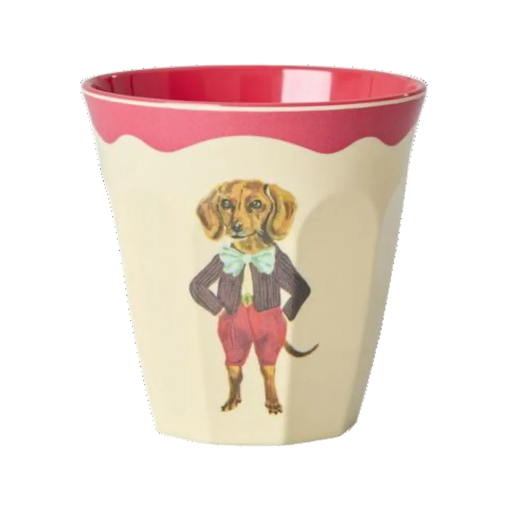 Ceramic cup with a dachshund illustration on a white background