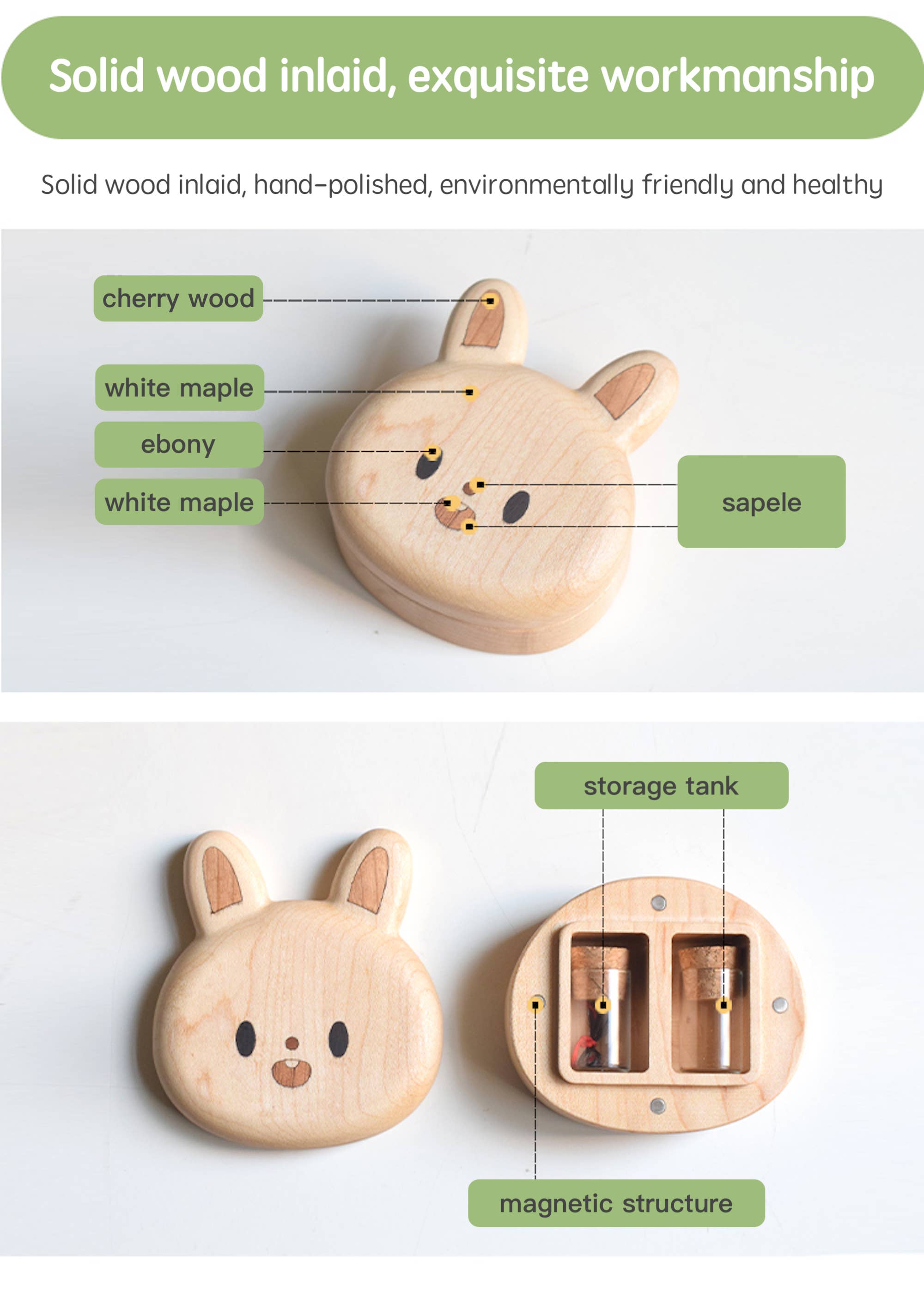 Wooden product with animal design labeled for materials and features on a white background
