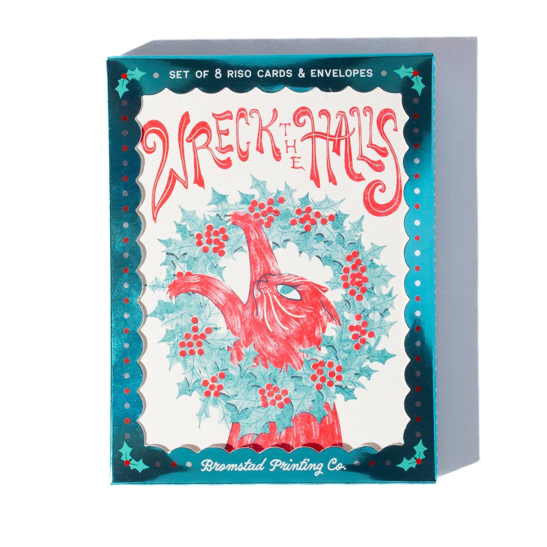 Box of 'Wreck the Halls' cards with a rooster design on a white background