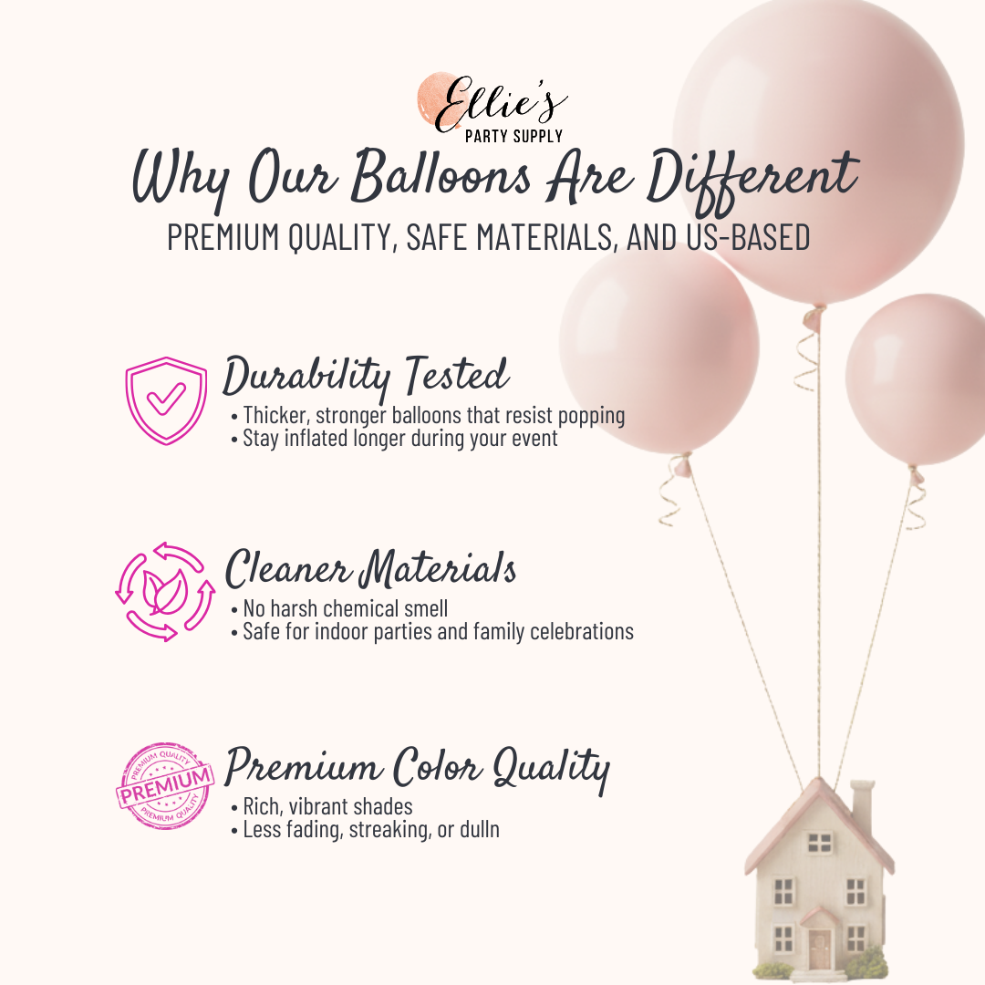 Advertisement for Ellie's Party Supply balloons with text about quality and safety.