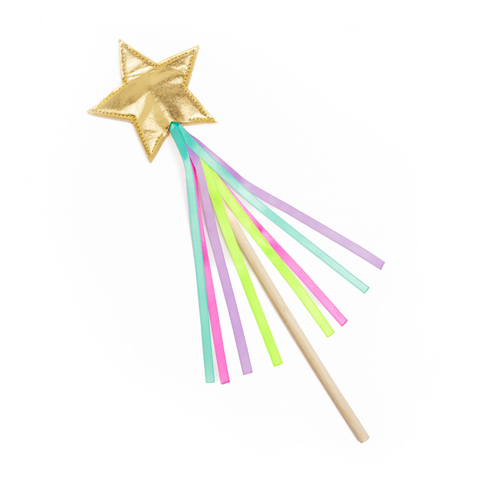 Gold star-shaped top with colorful tassels on a white background