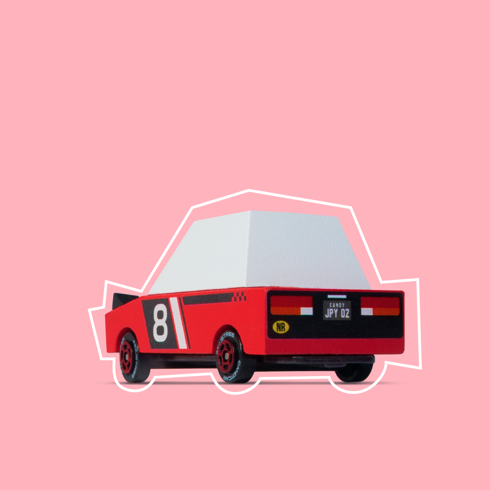 Red toy car with number 8 on a pink background