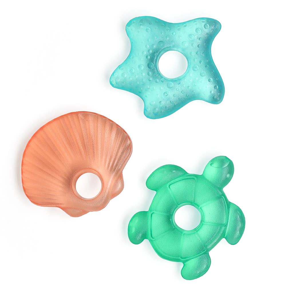 Three colorful baby teething toys shaped like a star, shell, and turtle on a white background.