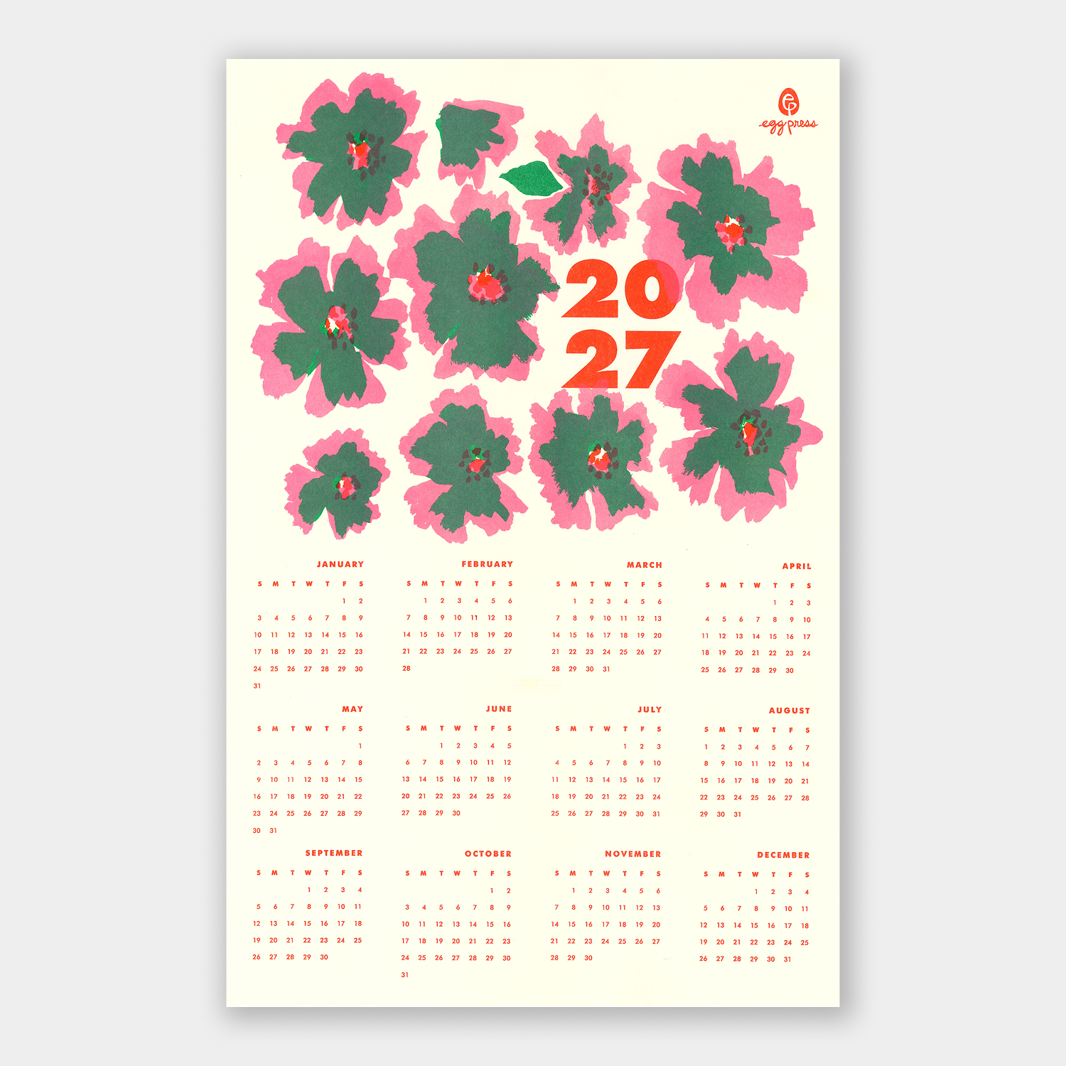 A vertical 2027 calendar poster featuring a cream background, pink and green hibiscus flowers, and red text, with monthly calendar grids shown below.