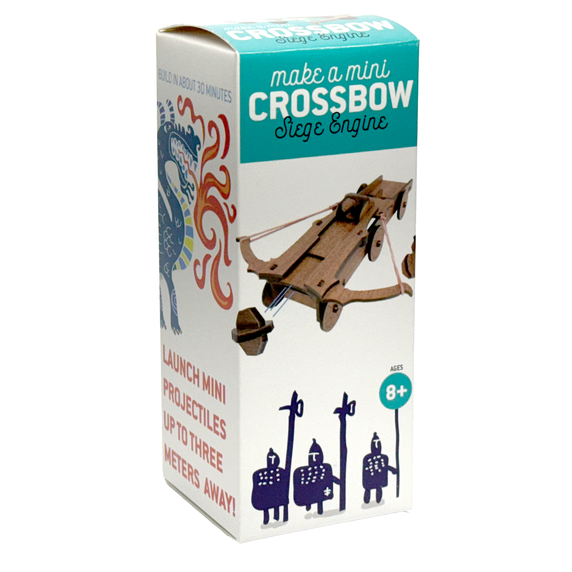 Box for a mini crossbow toy stage engine with illustrations and text on a white background