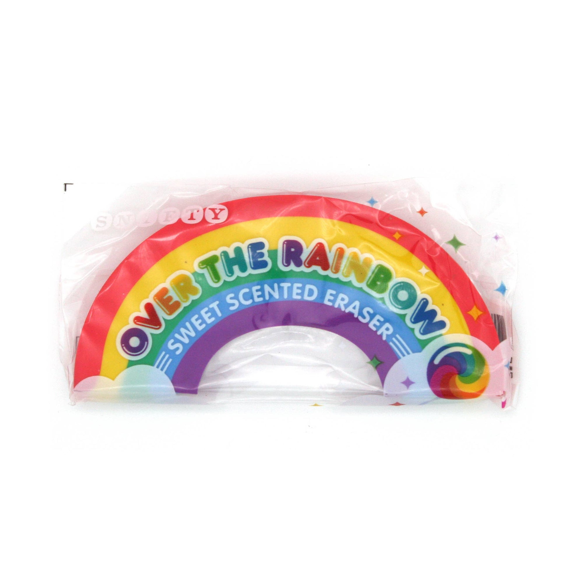 A sweet scented eraser with rainbow design on a white background