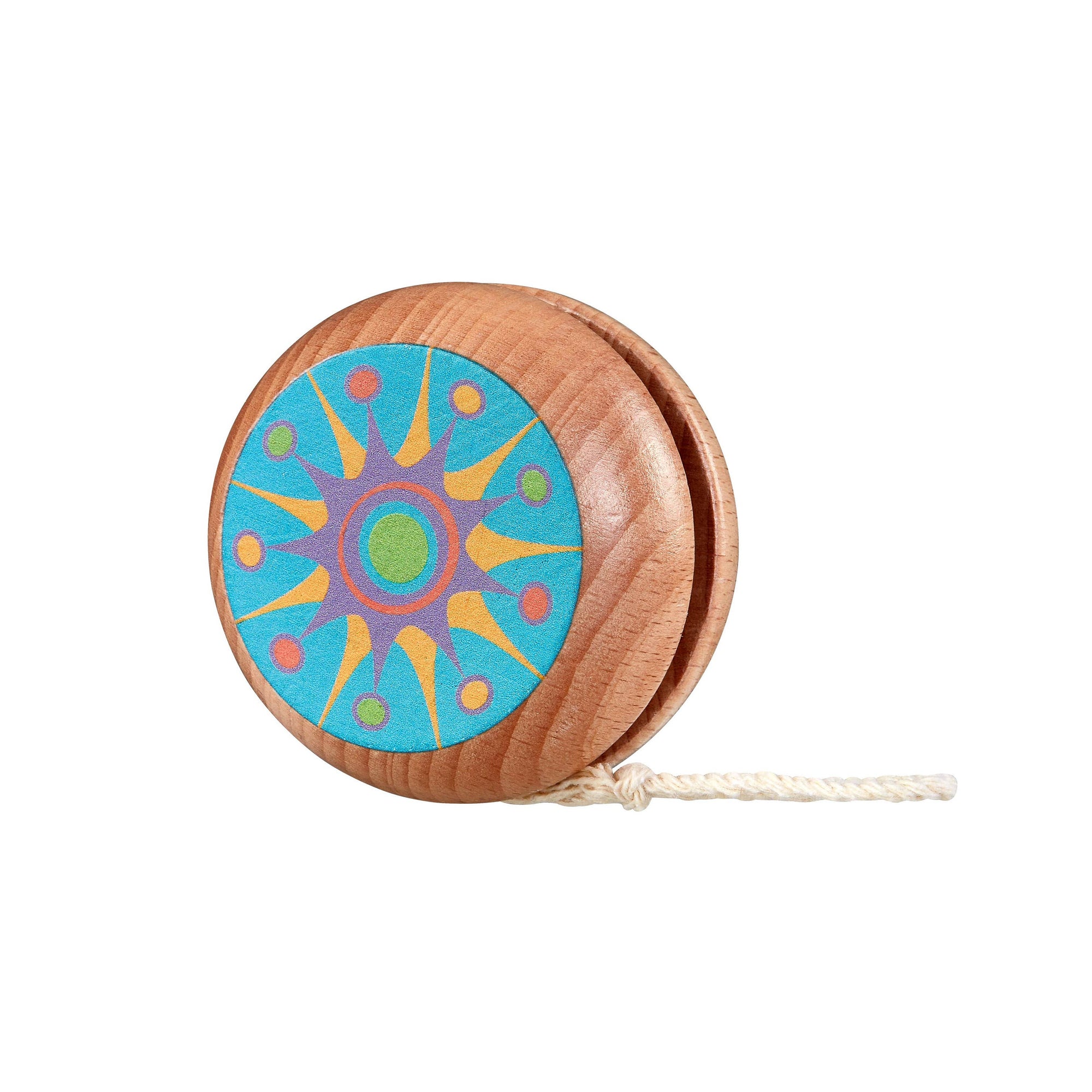 Wooden yoyo with a colorful circular design on a white background