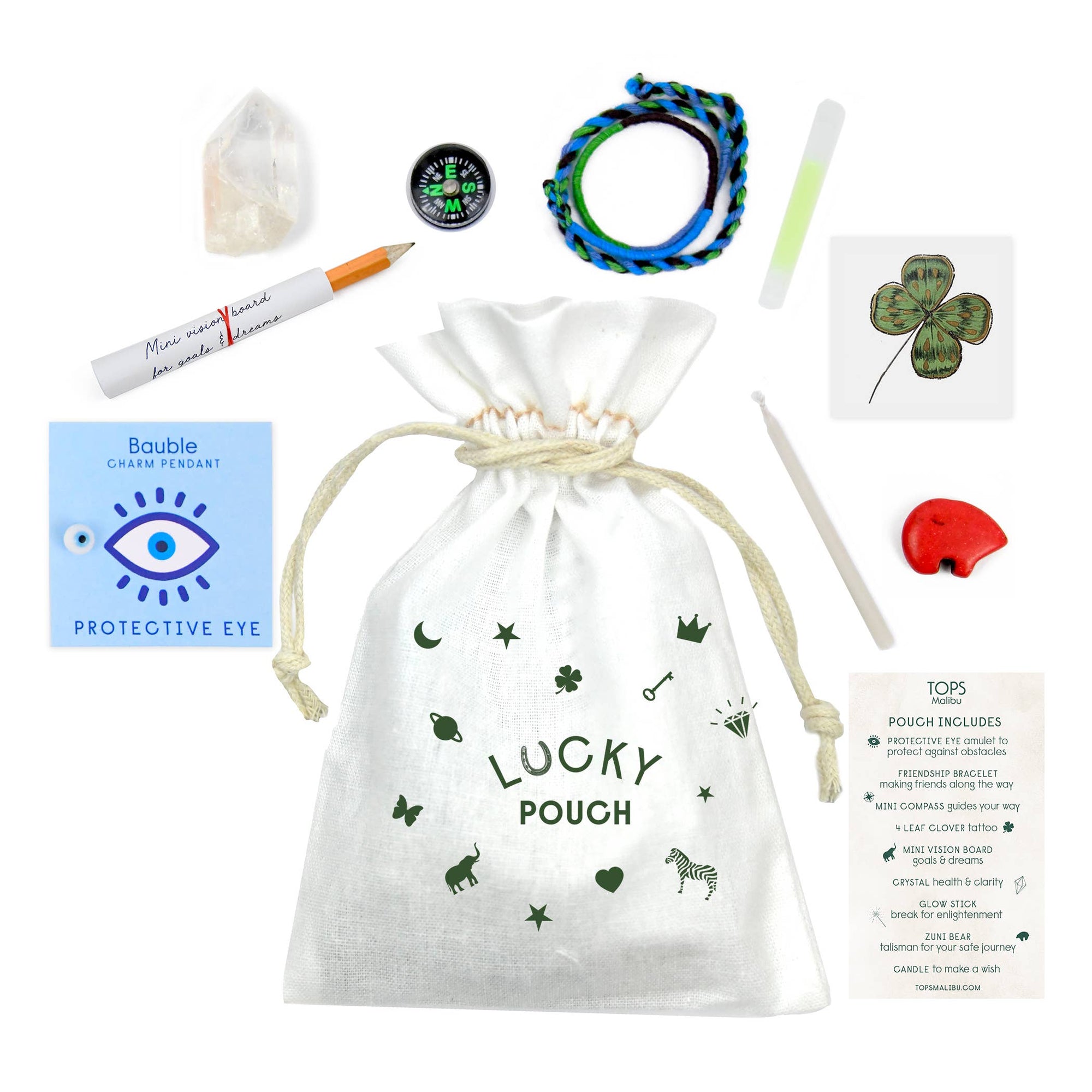 A white drawstring pouch labeled 'LUCKY POUCH' with small green animal and celestial prints, shown with several included accessories on a white background: a protective eye card, crystal, compass, braided bracelet, marker, clover card, red heart, wand, and an insert card listing pouch contents.