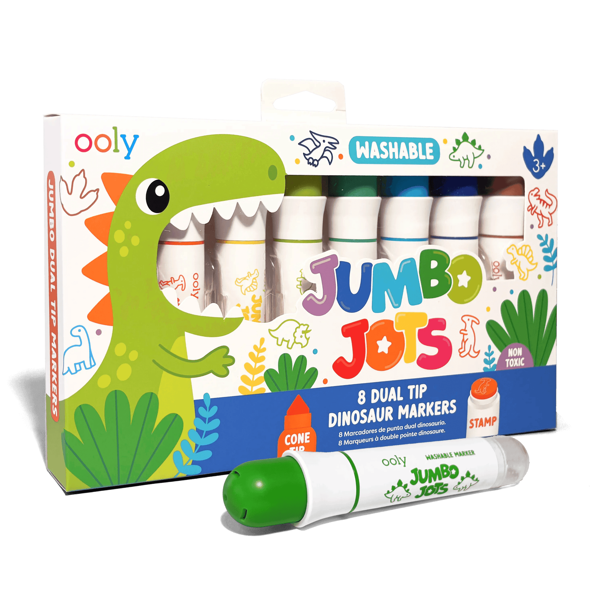 Ooly Jumbo Jots dinosaur markers packaging with a green marker in front on a green background