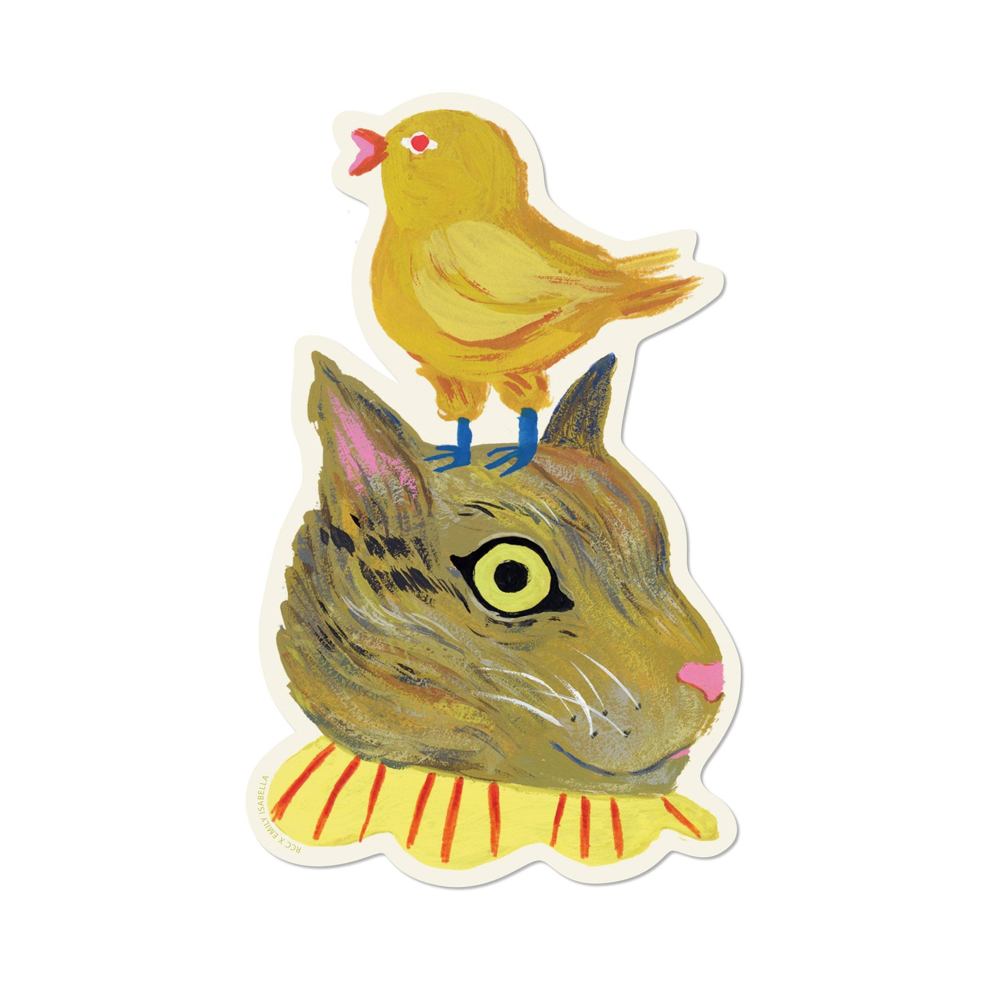 Cartoonish illustration of a yellow bird perched on a brown creature's head with a white background.