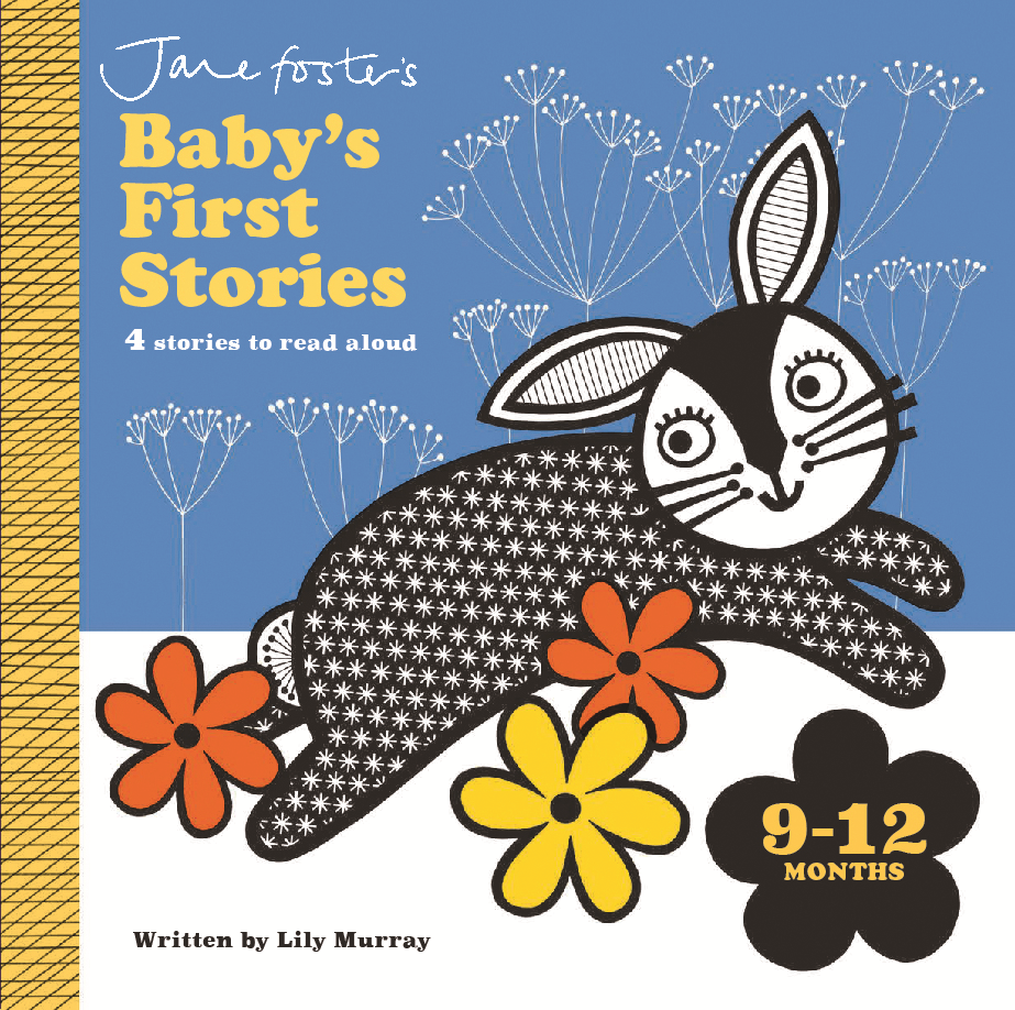 Book cover of 'Baby's First Stories' with a rabbit illustration and colorful flowers on a blue background.