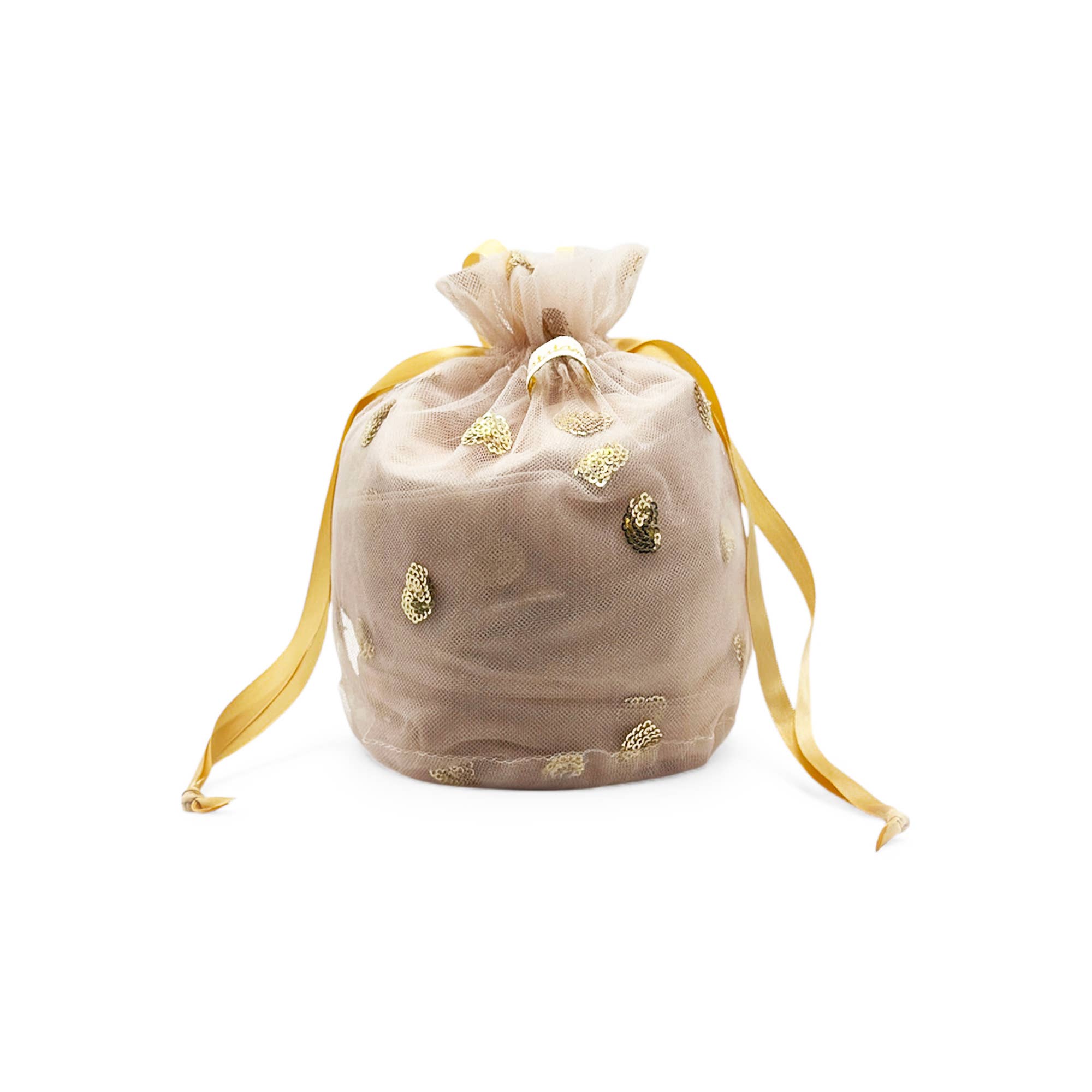 Beige drawstring bag with gold accents on a white background