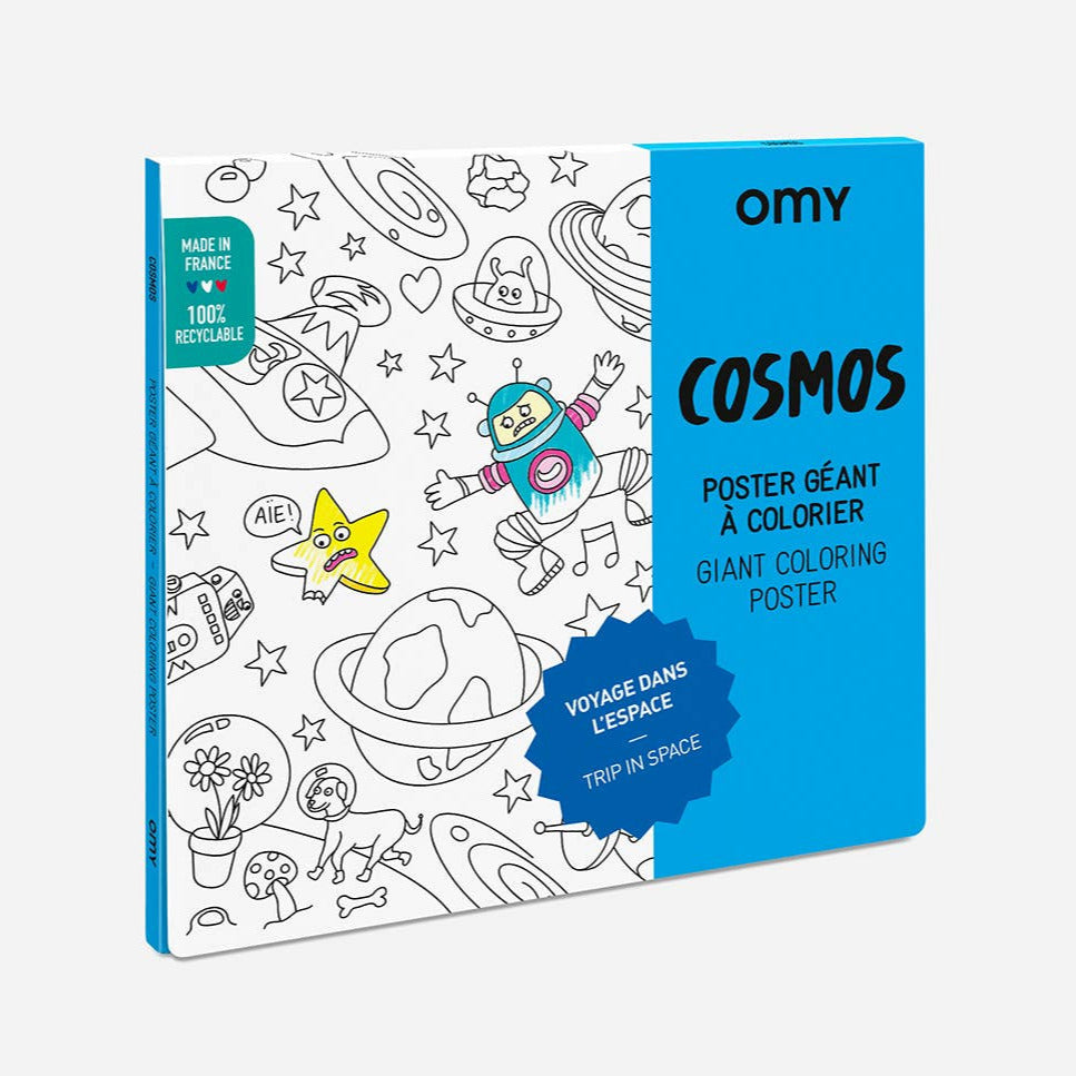 OMY Cosmos giant coloring poster packaging with space-themed illustrations on a white background