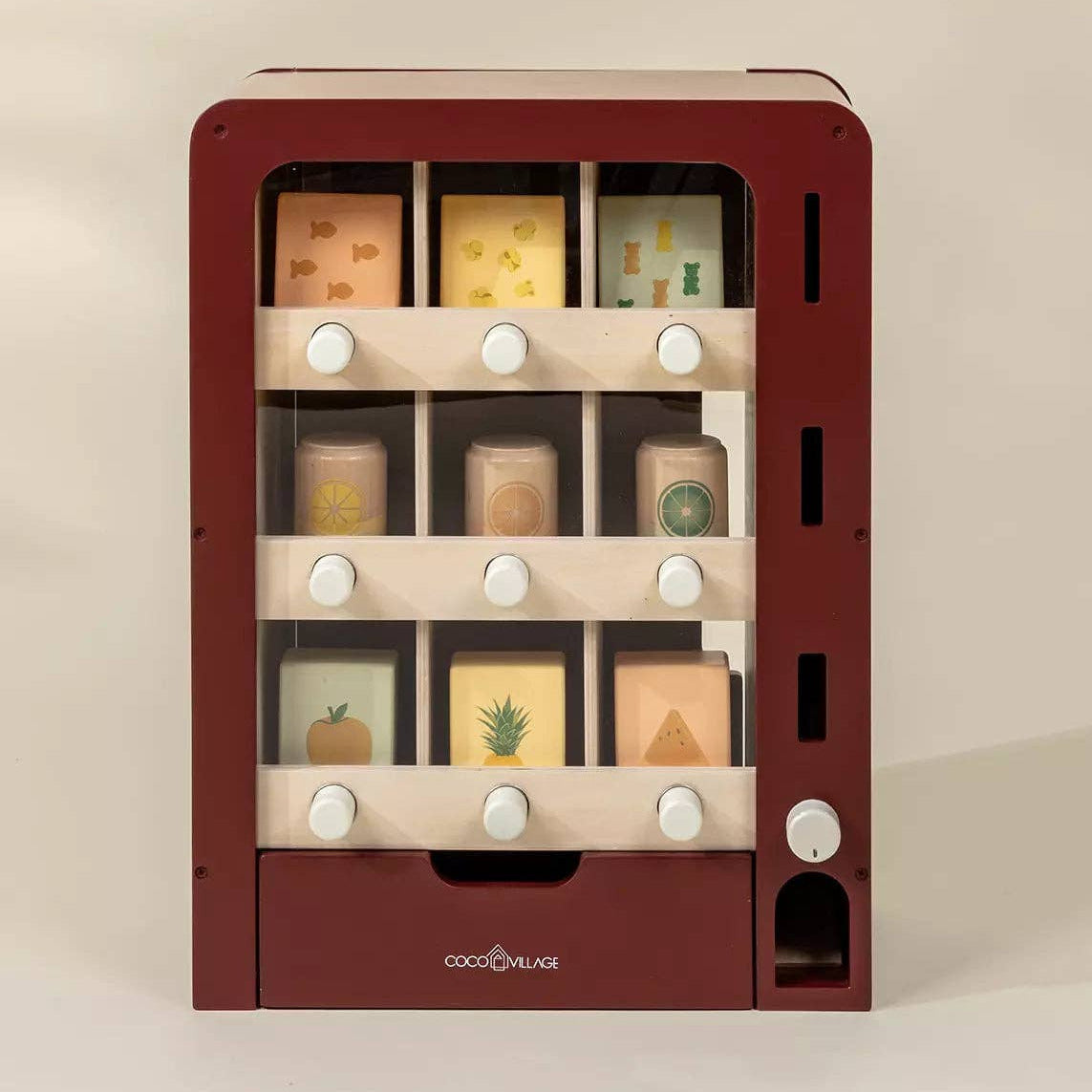 Small wooden vending machine with various compartments on a beige background