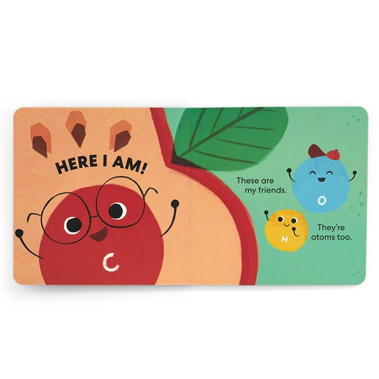 Children's book with colorful illustrations of atoms on a white background