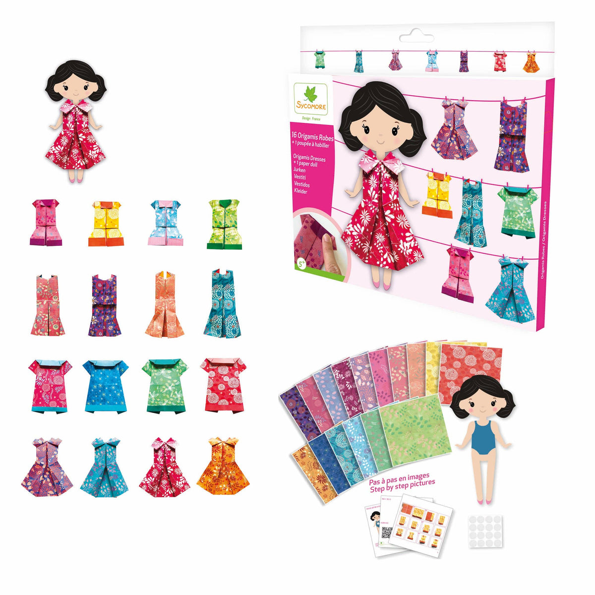 Doll with colorful dresses and packaging on a white background