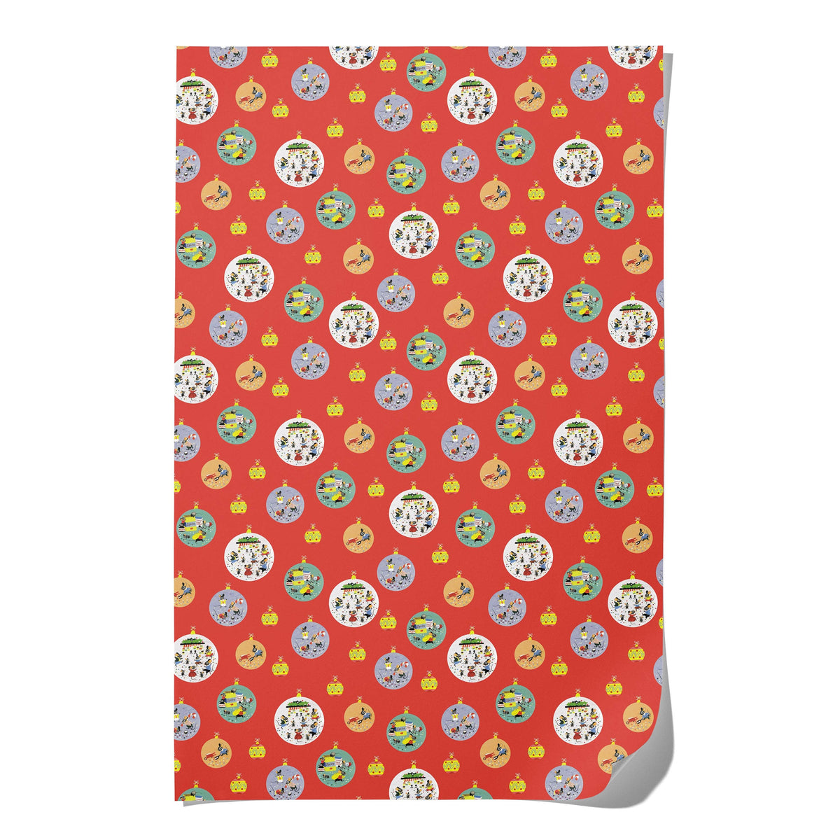 A rectangular sheet of wrapping paper with a festive holiday pattern featuring red background, white ornaments, and small yellow pumpkins.