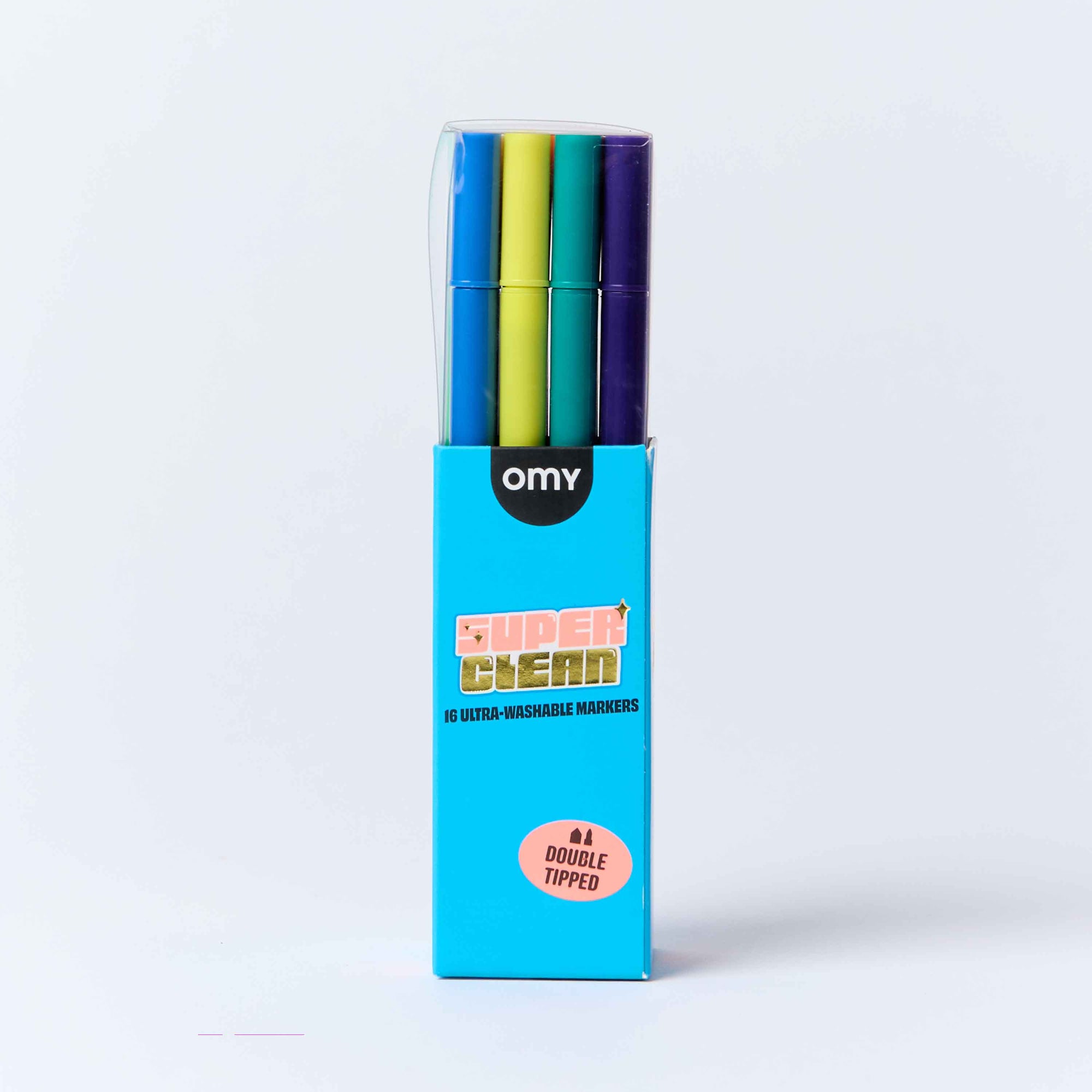 Pack of OMY ultra-washable markers with four colors on a white background