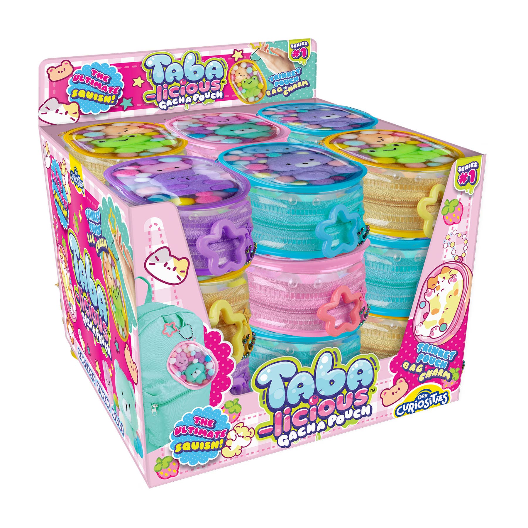Colorful packaging of Taba-licious squishy toys with various designs on a white background.