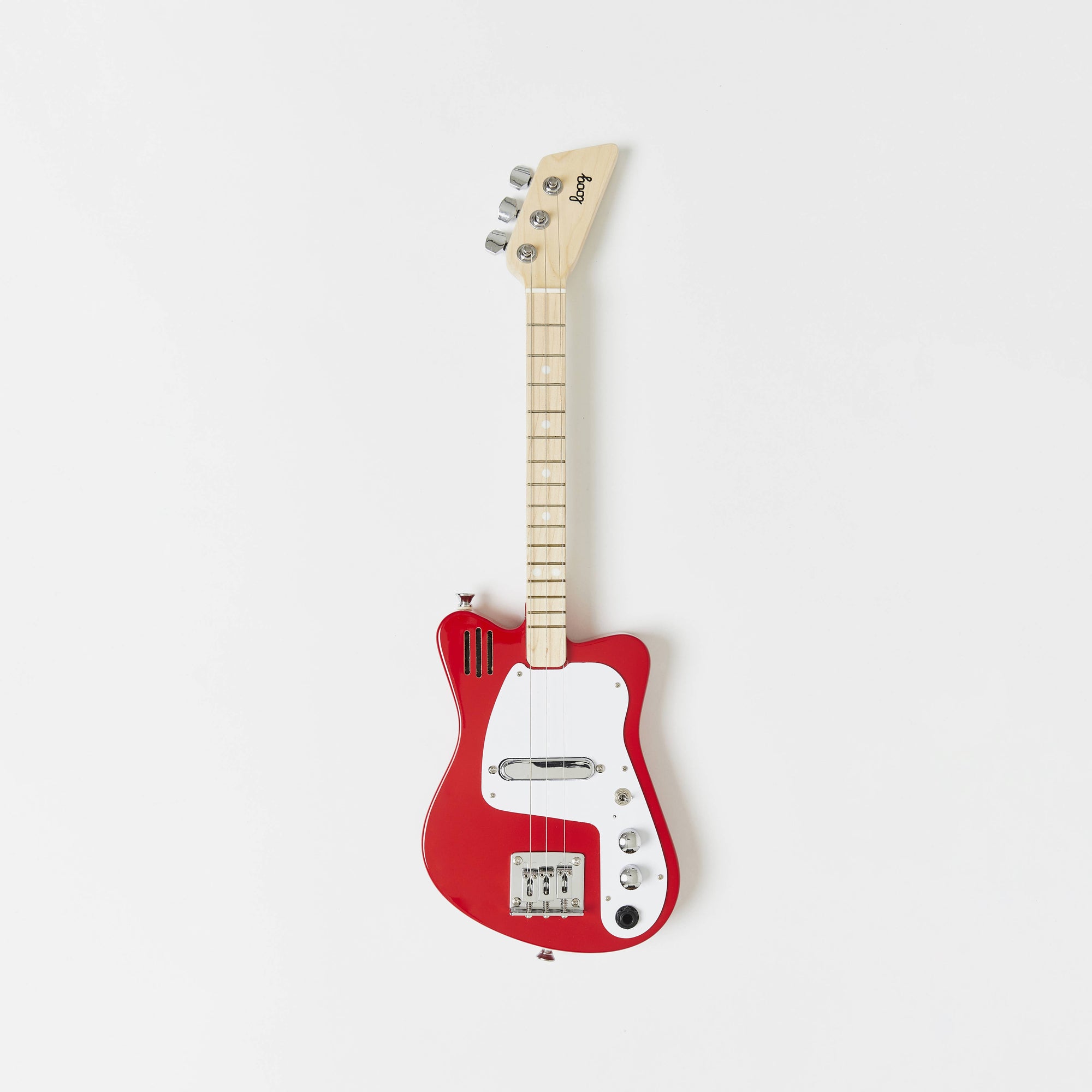 Red and white electric guitar on a light gray background