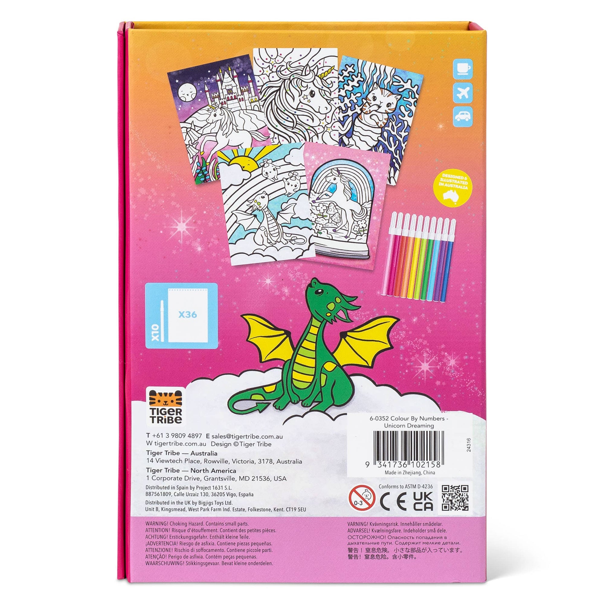 Coloring book set with dragon illustration on the back cover