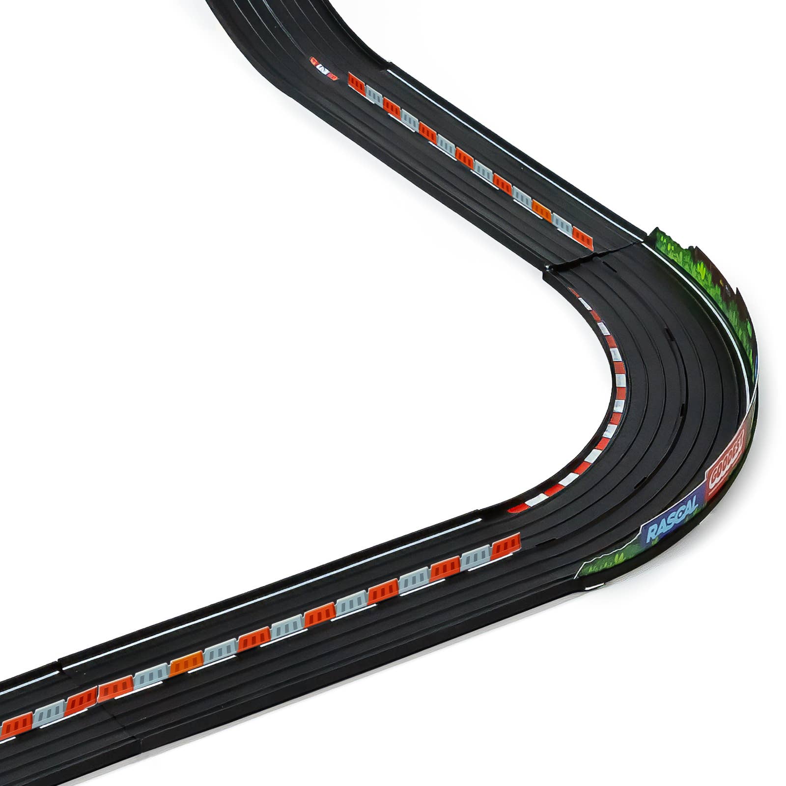 Model race track with a curved section on a white background
