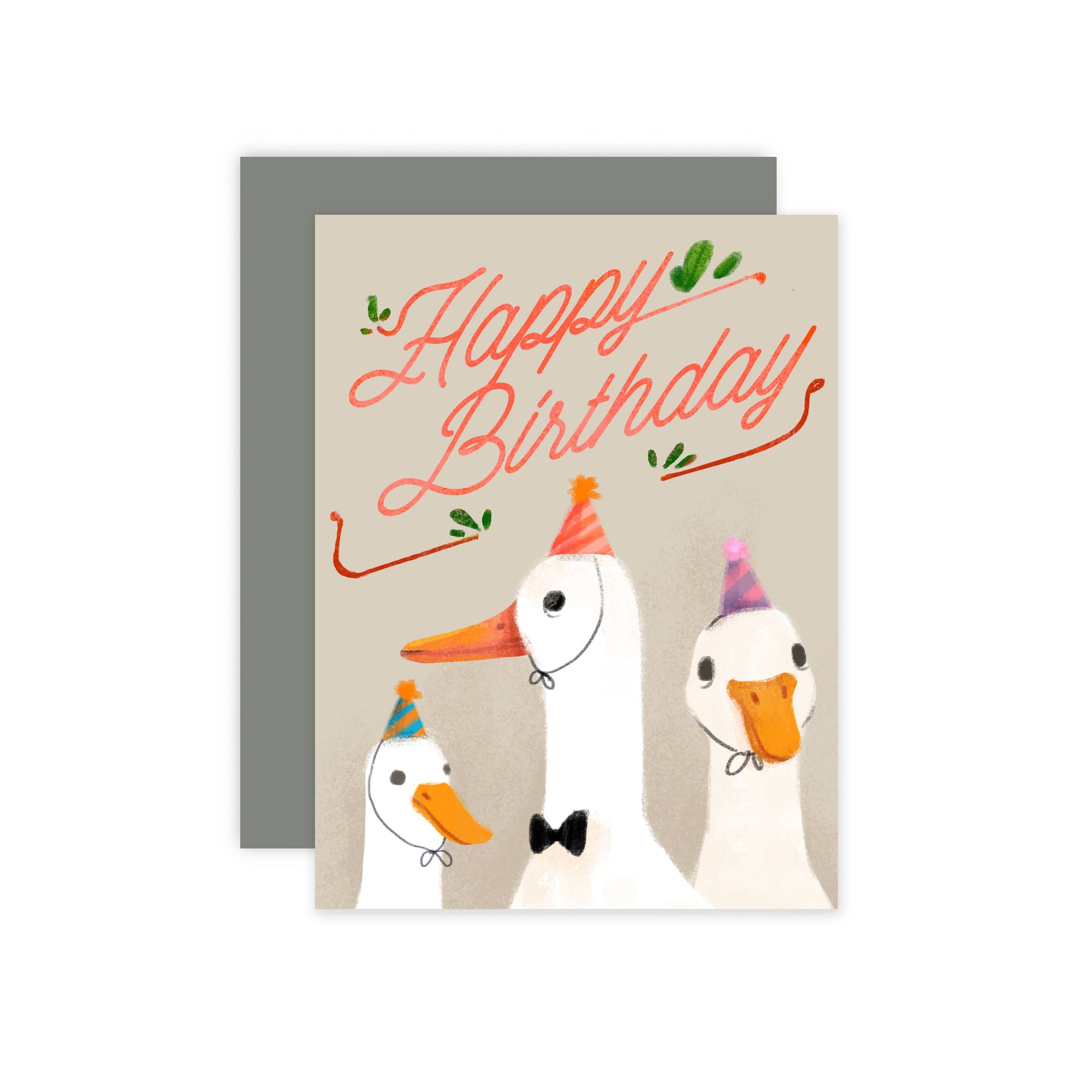 Birthday card with cartoon ducks wearing party hats and 'Happy Birthday' text.
