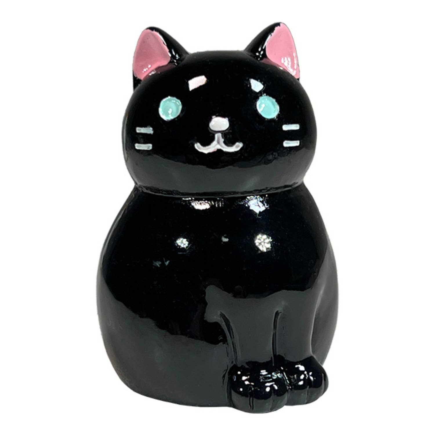 Black cat-shaped figurine with pink ears on a white background