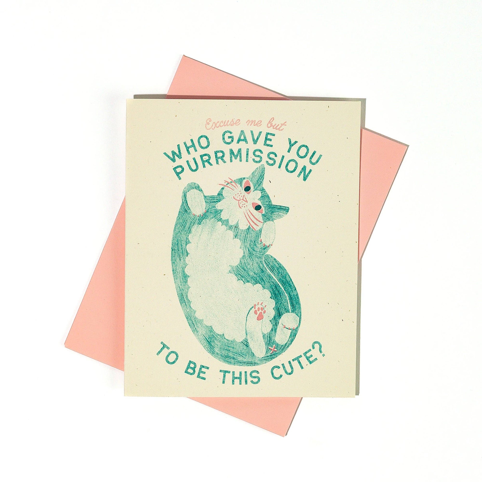 Card with a cat illustration and humorous text on a pink envelope