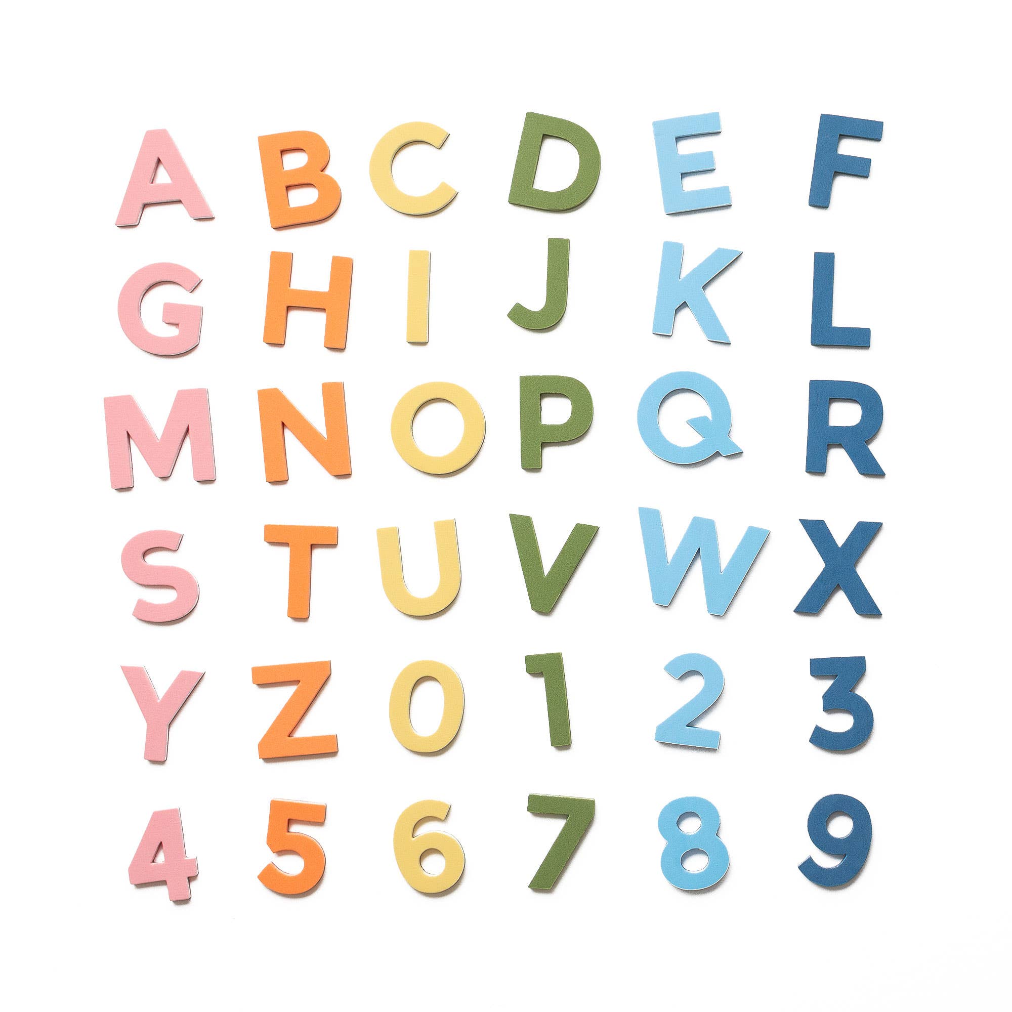 Colorful alphabet letters and numbers on a white background