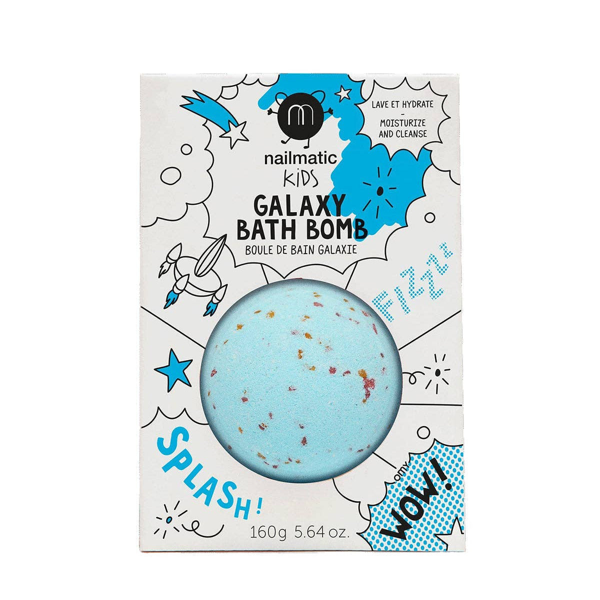 Galaxy bath bomb packaging with blue bath bomb on a white background