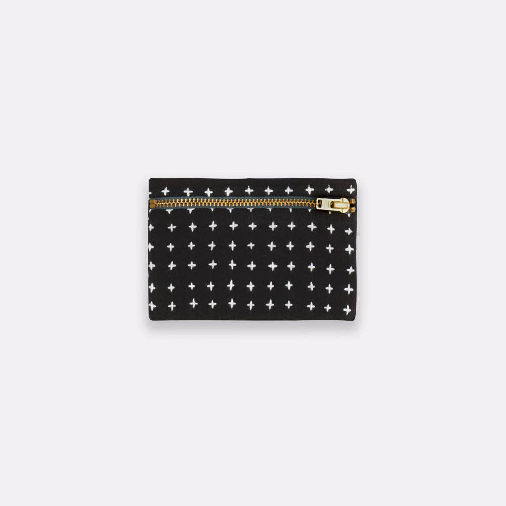 Black wallet with star pattern and gold zipper on a white background