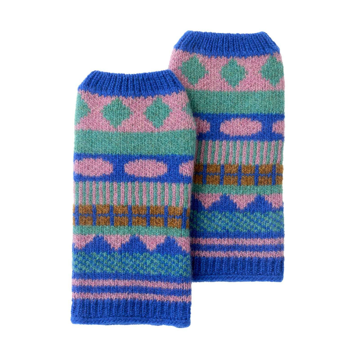 Pair of blue and pink patterned leg warmers on a white background