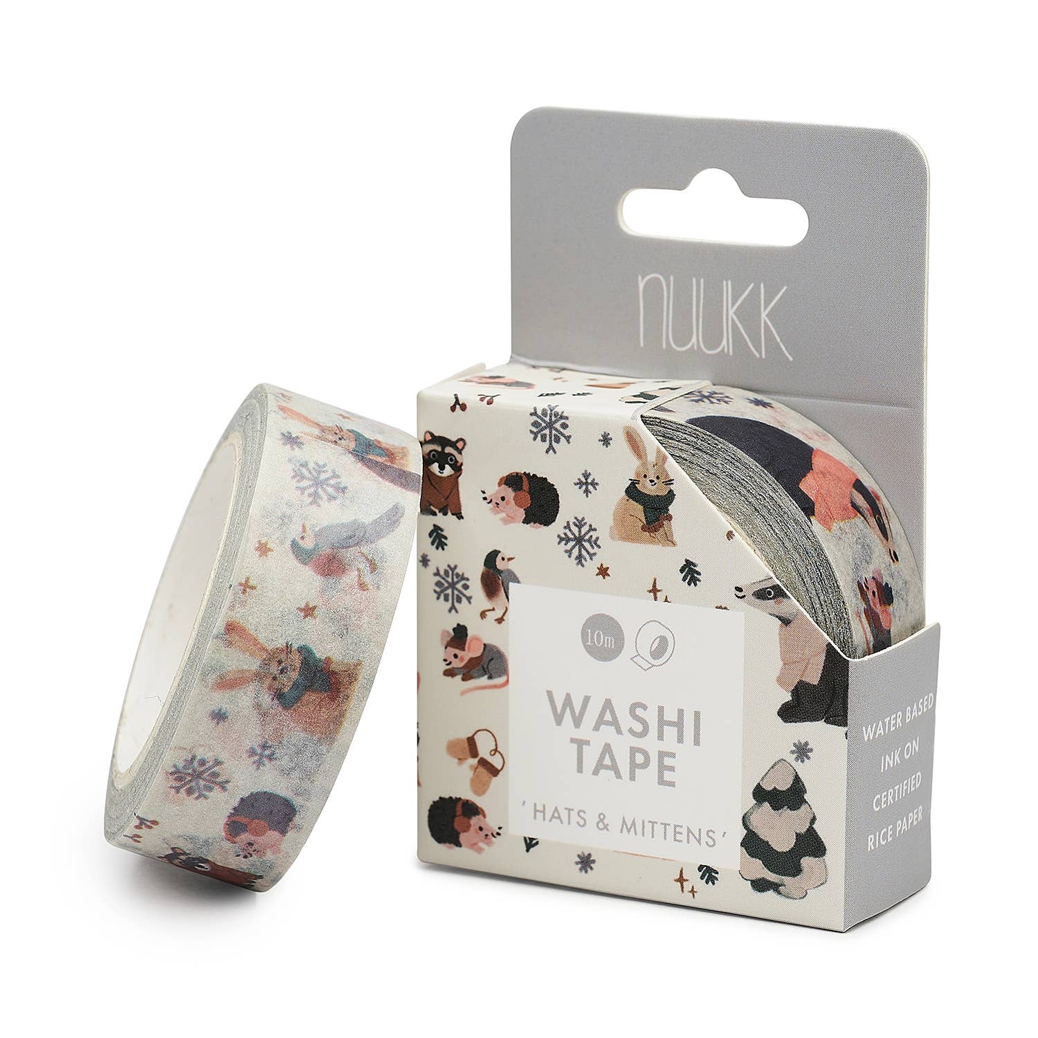 Washi tape with animal design and packaging on a white background