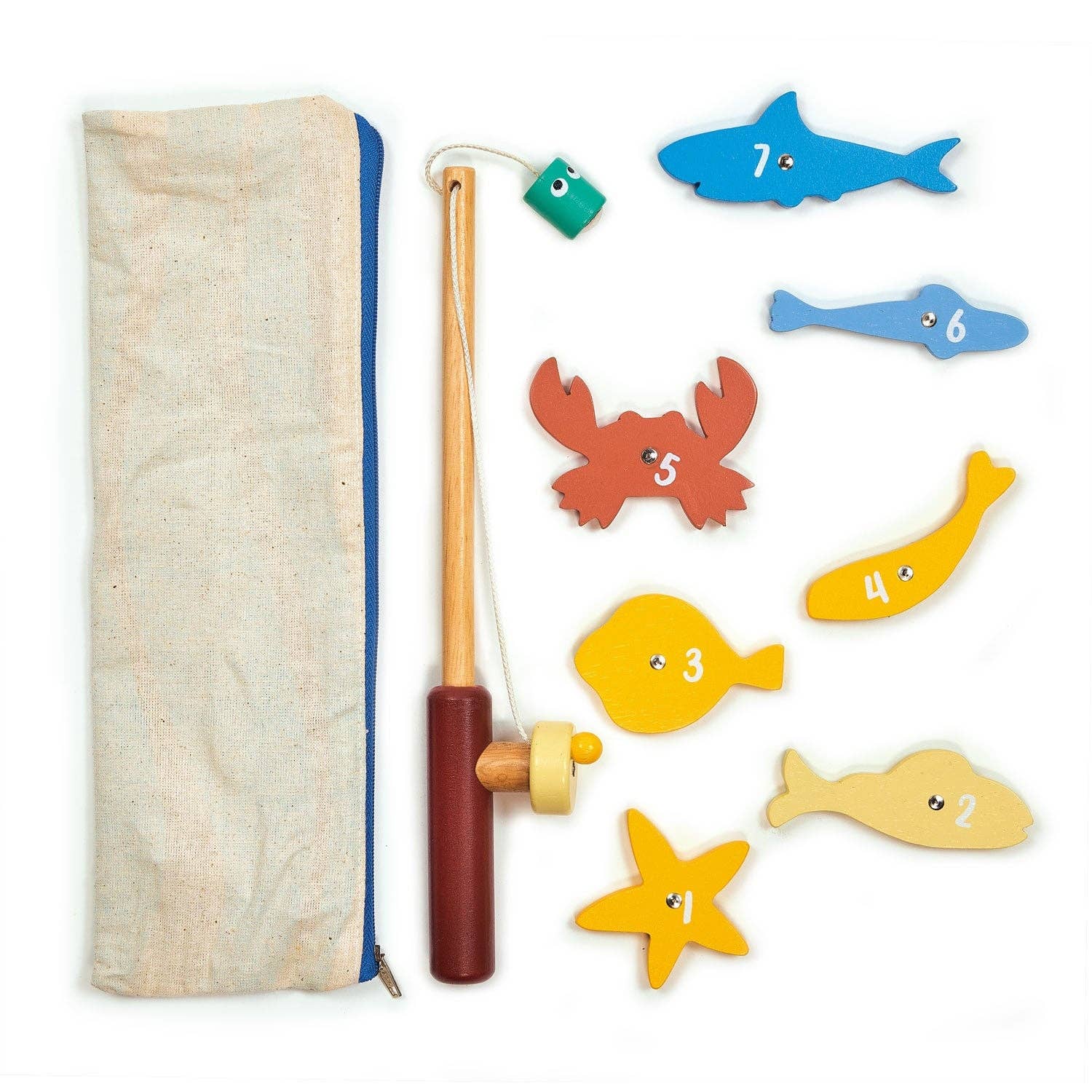 Wooden fishing toy set with rod, bag, and colorful fish-shaped magnetic pieces on a white background