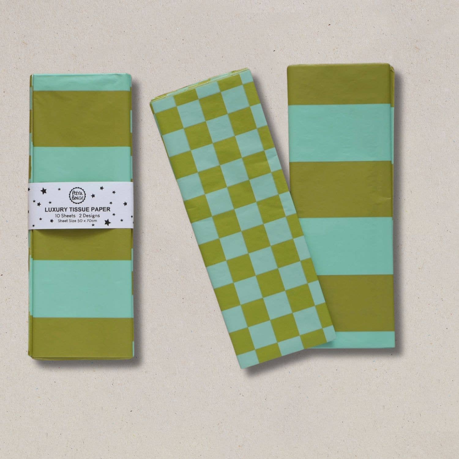 Luxury Tissue Paper Chequerboard/Stripe - Pale Olive/Turq