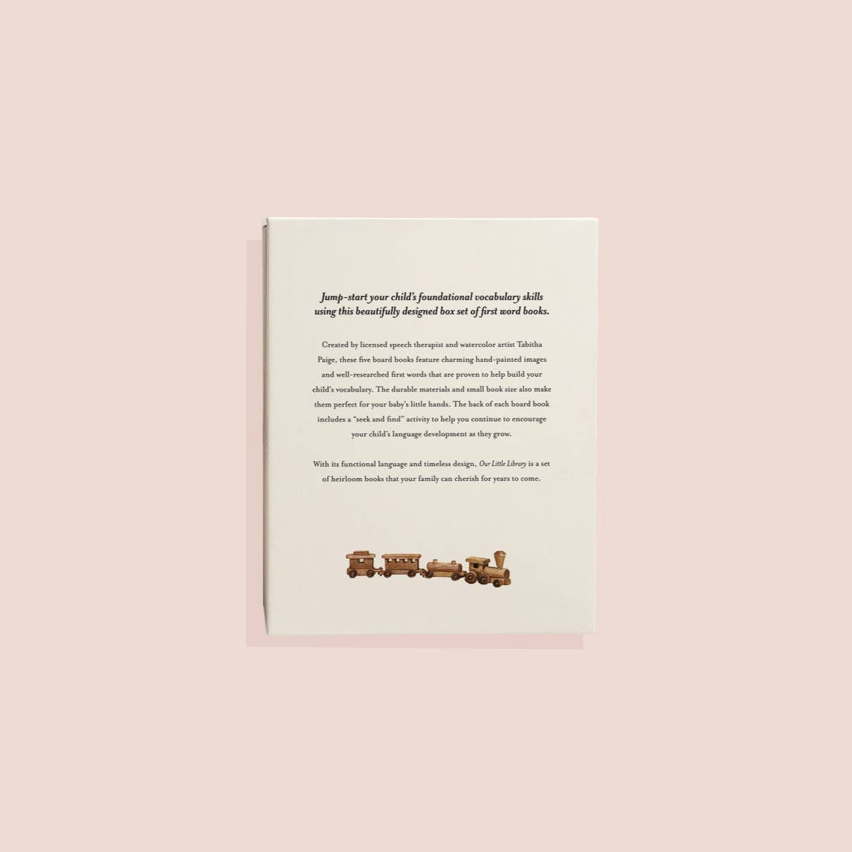 Letter on a pink background with a toy train at the bottom