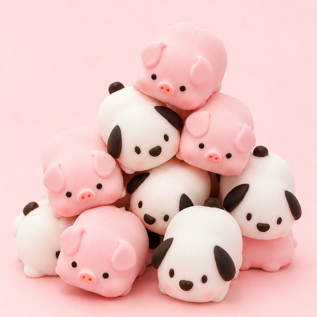 Stack of pink and white pig-shaped toys on a pink background