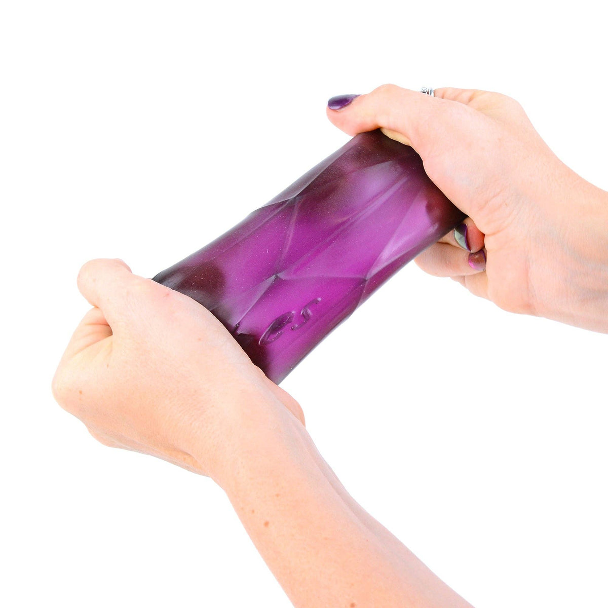 Purple water bottle being held by a person on a white background