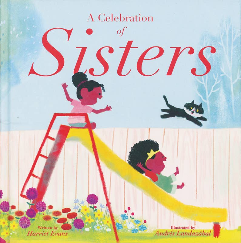 Book cover of 'A Celebration of Sisters' with two children on a slide and a cat.