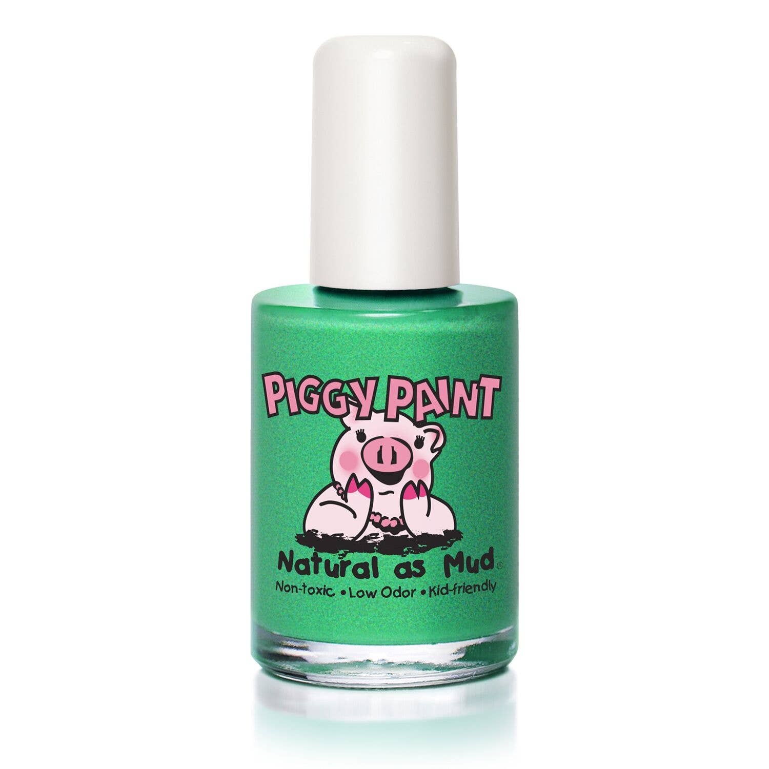 Green nail polish bottle with 'Piggy Paint' label on a white background